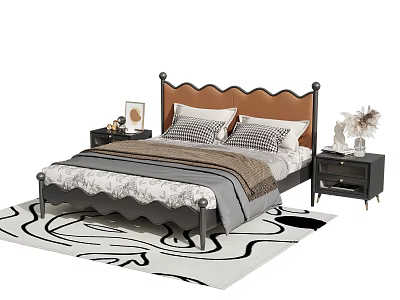 Double Bed with Scalloped Brown Headboard Black Frame Gray Bedding Nightstands on Black White Rug 3d model