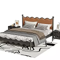 Double Bed with Scalloped Brown Headboard Black Frame Gray Bedding Nightstands on Black White Rug
