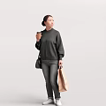 Woman Wearing Light Blue Sweater Holding Coffee Cup Brown Shopping Bag And Beige Bag