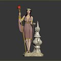 Man Statue Holding Red Torch With Ornate Headpiece Pink Robe And White Tower Base Hestia