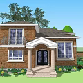 Two Story Detached Brick Villa With White Trim Front Porch And Green Lawn