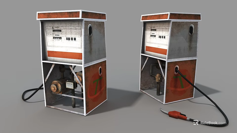 Pair of Vintage Rusty Fuel Dispensers Industrial Equipment With Orange Stripes And Fuel Nozzle 3d model 