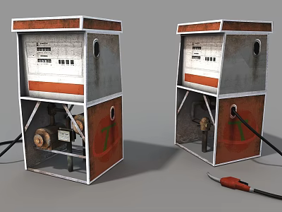 Pair of Vintage Rusty Fuel Dispensers Industrial Equipment With Orange Stripes And Fuel Nozzle 3d model