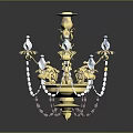 Golden Crystal Chandelier With Multi Armed Structure And Decorative Bead Pendants