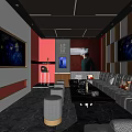 Modern KTV Room Interior With Red Sofa And Large Screen TV Lighting
