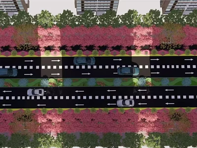 Urban Road Design With Multiple Lanes Vehicles Green Belts And Buildings 3d model