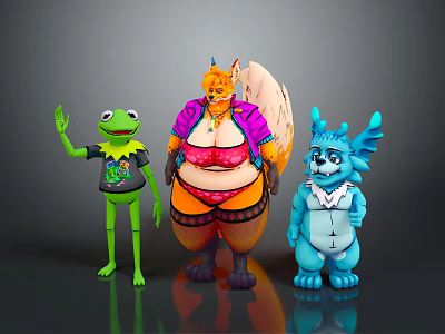 Vibrant Game Movie Characters Featuring Green Frog Waving Chubby Purple Coat And Blue Horned Figure 3d model