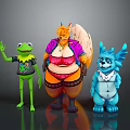 Vibrant Game Movie Characters Featuring Green Frog Waving Chubby Purple Coat And Blue Horned Figure