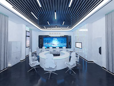 Modern Control Room Interior Design With Monitoring Screens Control Console And Ergonomic Seating 3d model