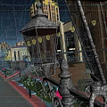 Outdoor Lights in Nighttime Street Scene with Vintage Lantern Design Illuminating Buildings and Trees