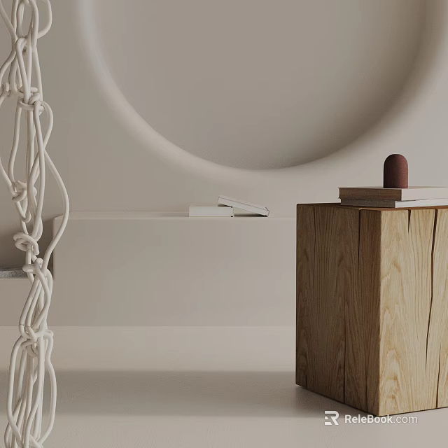 Natural Wood Grain Side Table With Books And Decorative Object In Modern Minimalist Interior 3d model 