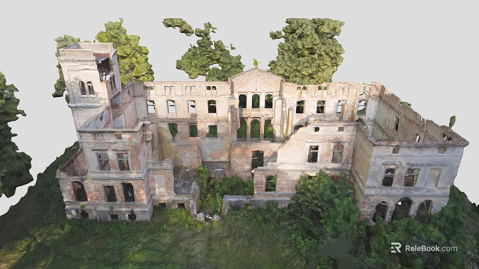Abandoned Building With Ruined Walls Overgrown Vegetation And Architectural Details 3d model 