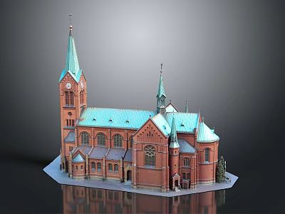 Red Brick Church Architecture With Green Roof Spires Clock Tower And Arch Windows 3d model