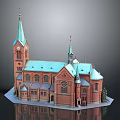 Red Brick Church Architecture With Green Roof Spires Clock Tower And Arch Windows