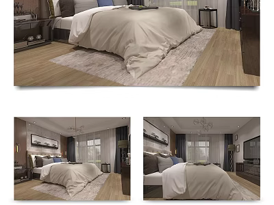 Elegant Hotel Room Interior With Comfortable Bed Wooden Floor Rug Curtains And TV 3d model