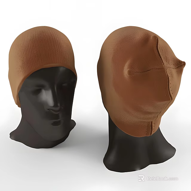 Brown Knitted Beanie Hat Displayed on Mannequin Heads with Front and Side Views 3d model 