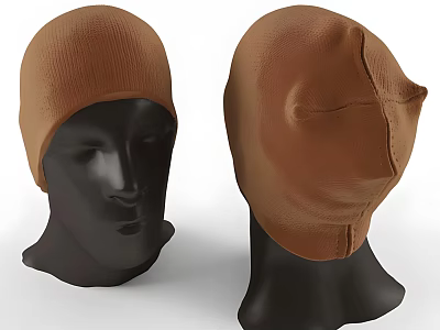 Brown Knitted Beanie Hat Displayed on Mannequin Heads with Front and Side Views 3d model