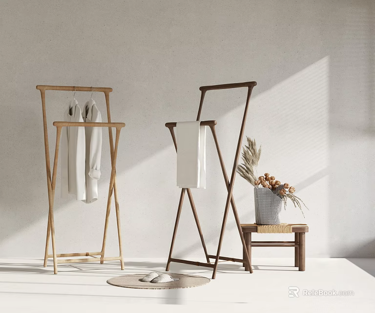 Modern Clothes Racks With Hanging Clothes Dried Flowers On Stool And Slippers In Minimalist Interior 3d model 