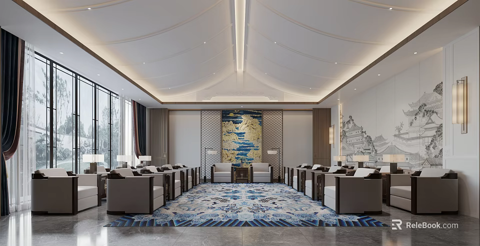 Elegant Modern Hotel Public Lounge Interior Design With Comfortable Sofas Large Rug And Decorative Artwork 3d model 