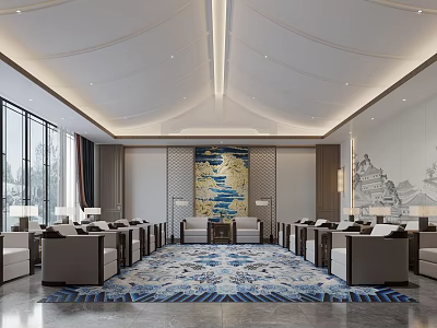 Elegant Modern Hotel Public Lounge Interior Design With Comfortable Sofas Large Rug And Decorative Artwork 3d model