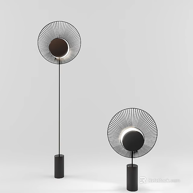Modern Floor Lamp Lighting Combination With Radial Spoked Frame And Round Black Shade Two Piece Set 3d model 