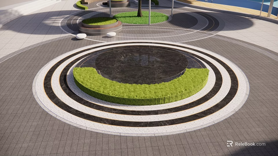 Water Fountain in Public Square with Circular Green Surrounding and Black White Patterned Pavement 3d model 