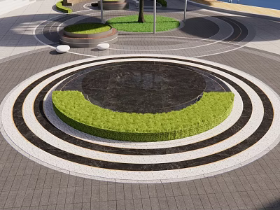 Water Fountain in Public Square with Circular Green Surrounding and Black White Patterned Pavement 3d model