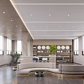 Modern Break Room Interior With Curved Sofa Bar Counter Plants And Large Windows