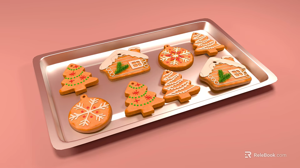 Festive Christmas Cookies with Tree Snowflake and House Shapes on Metal Tray 3d model 
