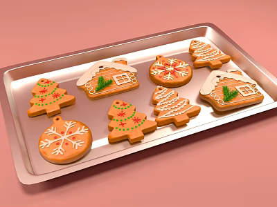 Festive Christmas Cookies with Tree Snowflake and House Shapes on Metal Tray 3d model