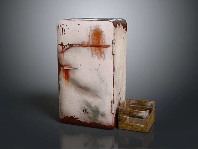 Old Rusty Refrigerator Freezer With Small Wooden Box Beside It 3d model