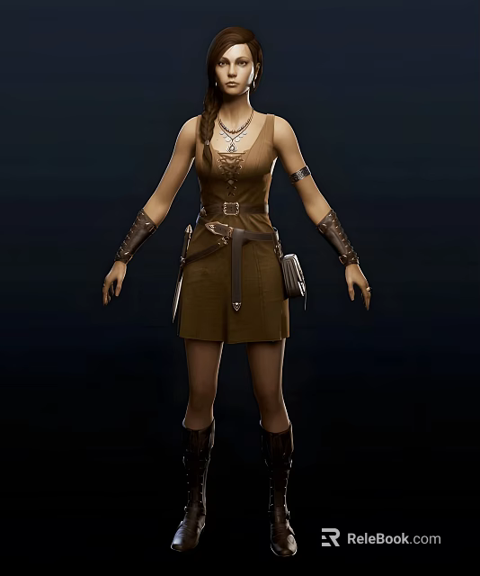 Woman in Brown Dress With Necklace Arm Bracers Waist Belt Small Pouch And Boots 3d model 