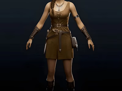 Woman in Brown Dress With Necklace Arm Bracers Waist Belt Small Pouch And Boots 3d model