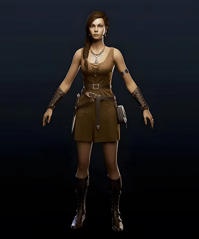 Woman in Brown Dress With Necklace Arm Bracers Waist Belt Small Pouch And Boots 3d model