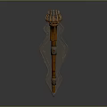 Ornate Wooden Torch Decoration With Flame Shaped Top And Metal Accents