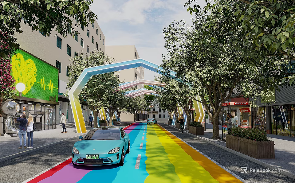 Vibrant Commercial Street With Rainbow Colored Road Green Car Trees And Colorful Arches 3d model 