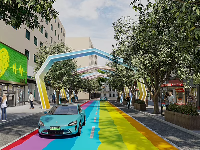 Vibrant Commercial Street With Rainbow Colored Road Green Car Trees And Colorful Arches 3d model