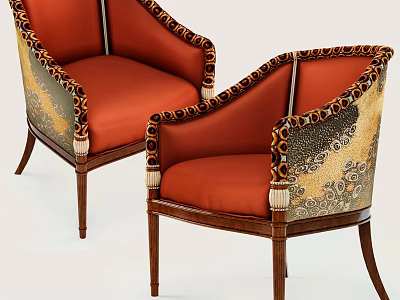 Elegant Leisure Accent Chairs With Orange Upholstery Leopard Print Trim And Wooden Legs 3d model