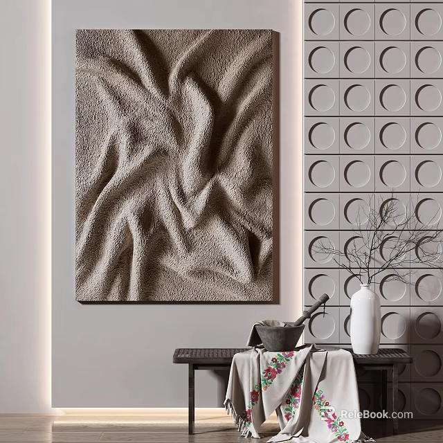 Interior Decor With Textured Tapestry Circular Pattern Wall White Vase Twigs Woven Basket On Table 3d model