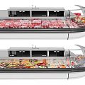 Modern Commercial Refrigerated Display Case With Glass Door Holding Fresh Meat Seafood and Vegetables