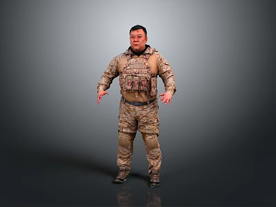Man in Camouflage Uniform with Tactical Vest Standing Against Gray Background 3d model