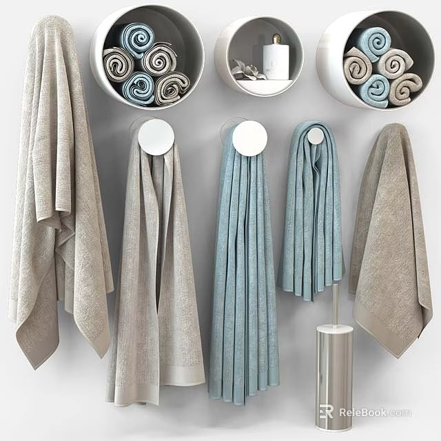 Soft Towels Hanging On Wall Hooks And Rolled In White Bowls With Gray And Blue Tones 3d model 