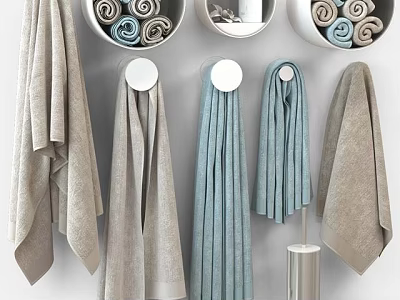 Soft Towels Hanging On Wall Hooks And Rolled In White Bowls With Gray And Blue Tones 3d model