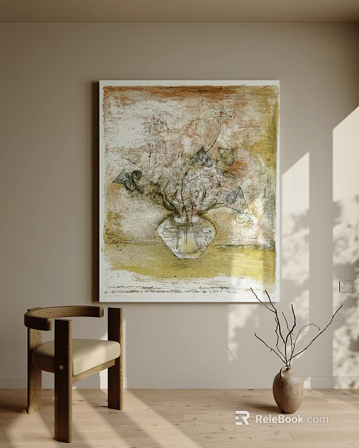 Abstract Painting of Vase with Flowers in Soft Beige Yellow Tones for Living Room Wall 3d model 