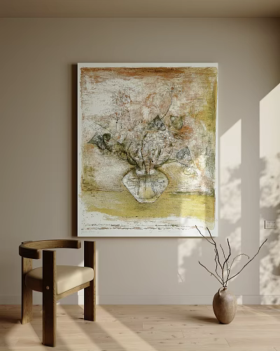 Abstract Painting of Vase with Flowers in Soft Beige Yellow Tones for Living Room Wall 3d model