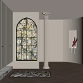 Elegant Entryway Hallway With Stained Glass Window White Column And Rabbit Decoration