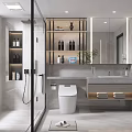 Modern Bathroom Interior Design With Glass Shower Vanity Mirror And Storage Shelves