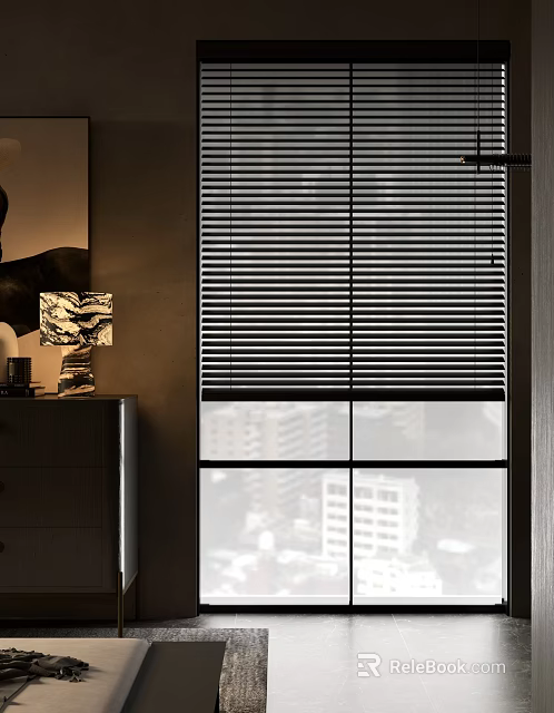 Horizontal Blinds Installed On Window With City View In Modern Interior 3d model 