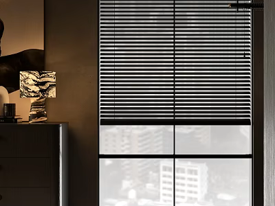 Horizontal Blinds Installed On Window With City View In Modern Interior 3d model