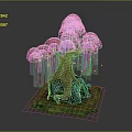 Artistic Red Leaf Tree With Dripping Effect And Tree Roots On Green Base 3d model